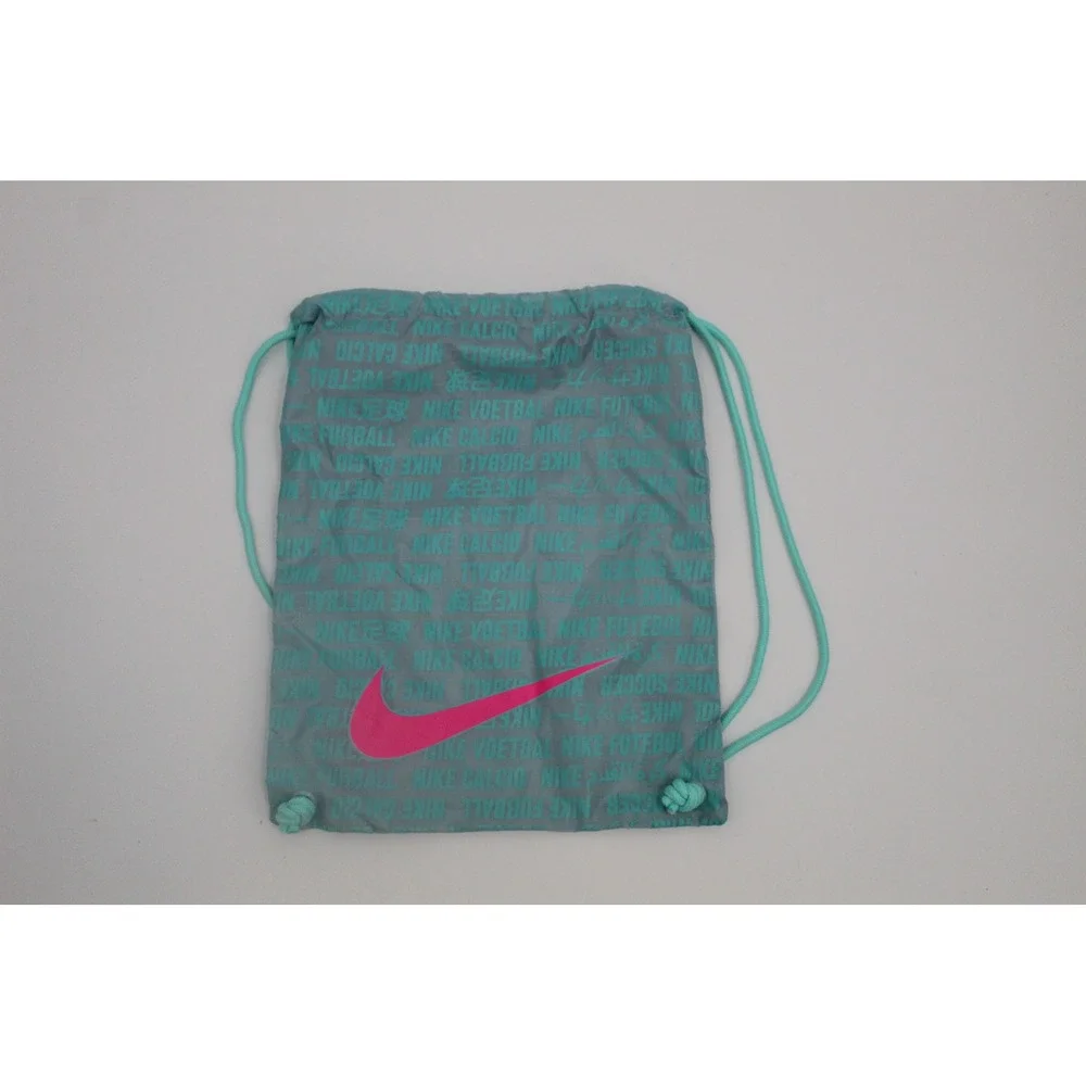 Nike Soccer Drawstring Cinch Bag Teal Grey Pink Swoosh Multilingual Print Kids